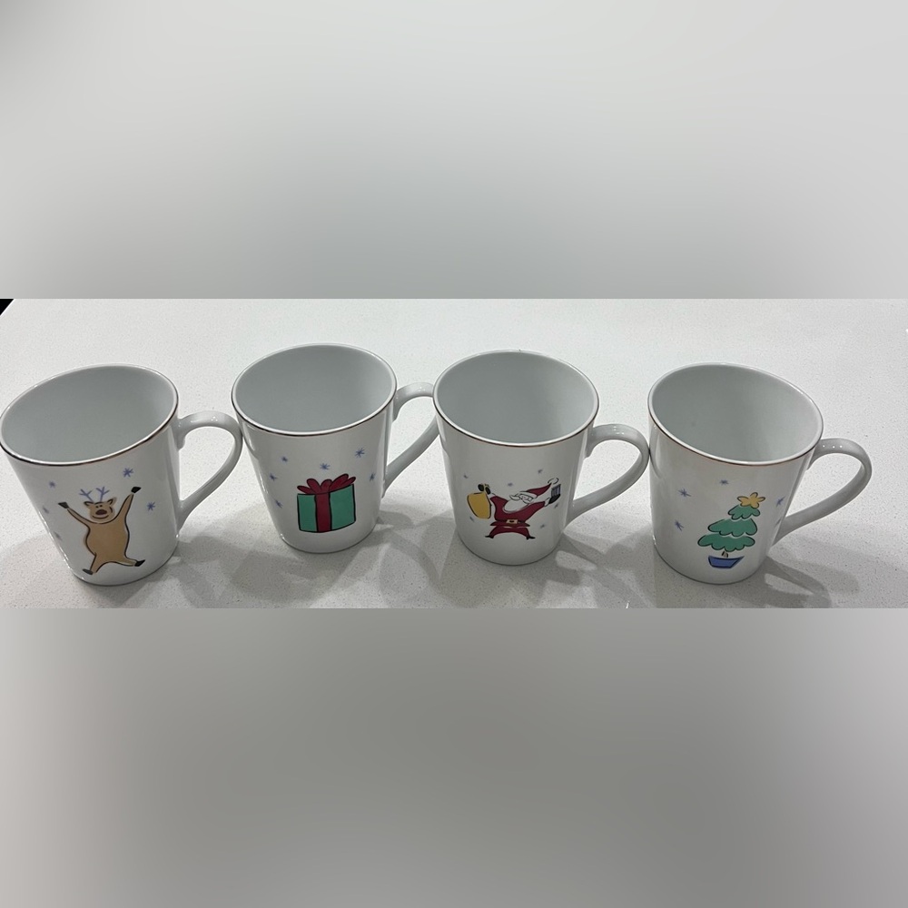 Merry Brite Whimsical Christmas Mugs Cups White Porcelain Set‎ Of 4